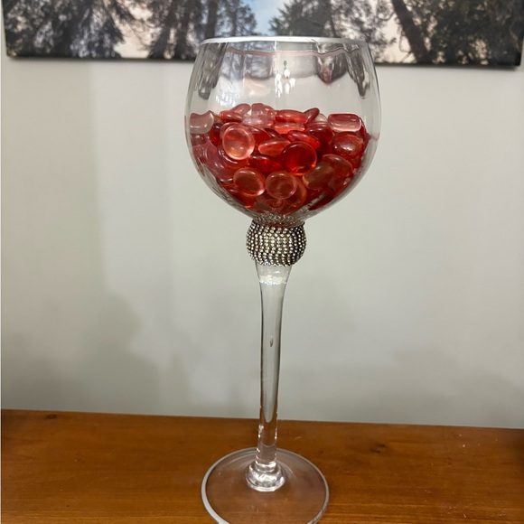 Elegant glass candle holder  14” tall with orange  glass pebbles, - Picture 1 of 4